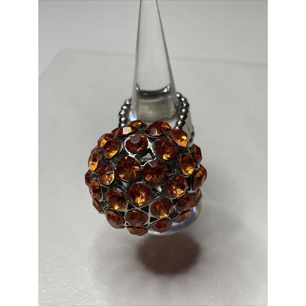 Retro 1980s Huge Orange Rhinestone Adjustable Cluster Ring Silver Tone Statement